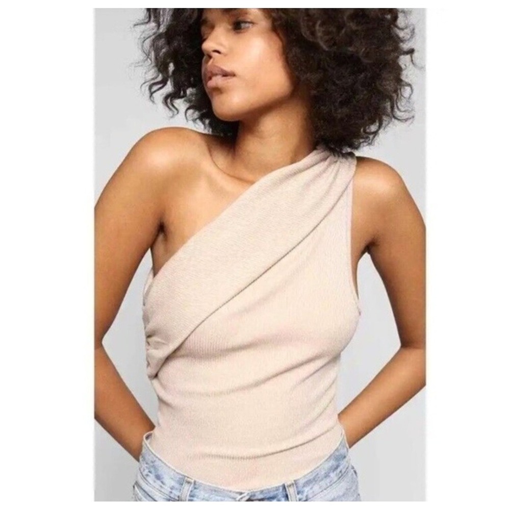New The Range Womens One Shoulder Draped Rib Knit Top‎ Beige Sand Size Small